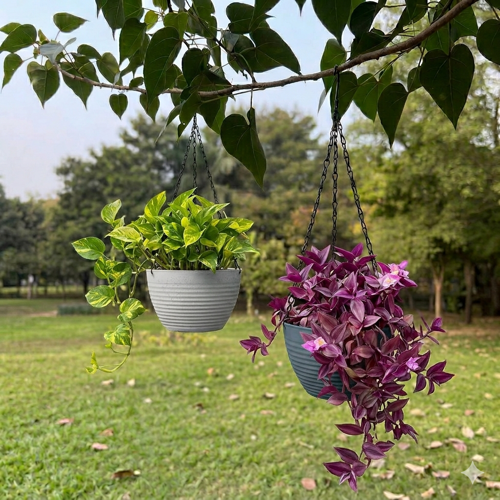 Chain Hanging Plastic Pot – 9 Inch (22.6 × 11.6 × 15.7 cm) | Set of 5 | Durable, UV-Resistant Planter for Indoor & Outdoor Gardening